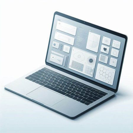 Laptop with blank screen on white background.
