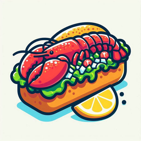 Lobster sandwich with lettuce, tomato and lemon. Vector illustration.の写真素材