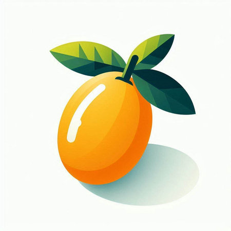 Illustration of an orange with leaves isolated on a white background.