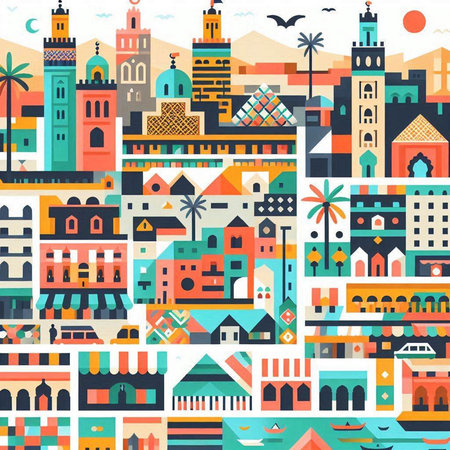 Seamless pattern with famous buildings in Morocco. Vector illustration.の写真素材