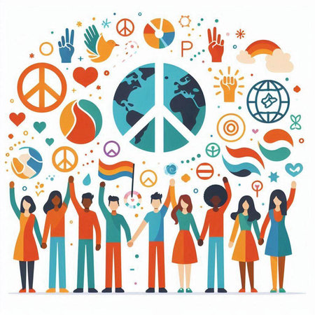 International peace day. Group of people holding hands together. Vector illustration