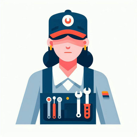 Female mechanic in uniform holding wrench and screwdriver, flat vector illustration.の写真素材