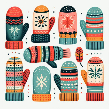 Set of winter mittens with different patterns. Vector illustration in flat style.の写真素材