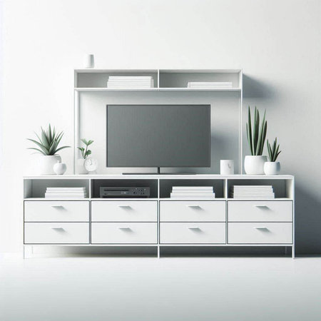 TV cabinet in modern living room interior with plants. 3d renderの写真素材