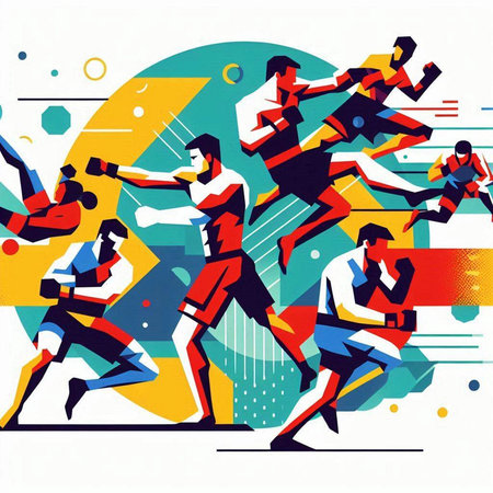 Group of men and women in action. Vector illustration.