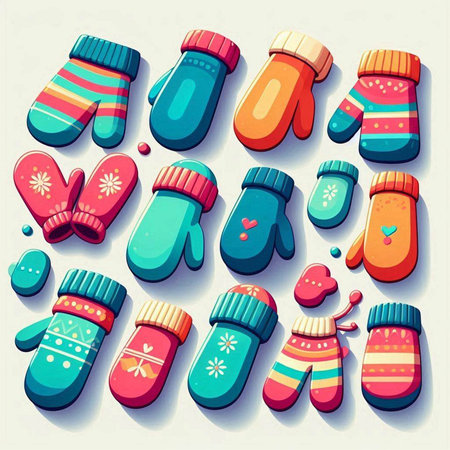 Set of colorful knitted mittens. Vector illustration in cartoon styleの写真素材