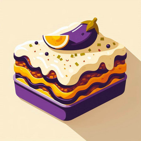 Illustration of a cake with eggplant and carrot on a light background