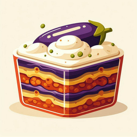 Piece of cake with eggplant and cream. Vector illustration.の写真素材