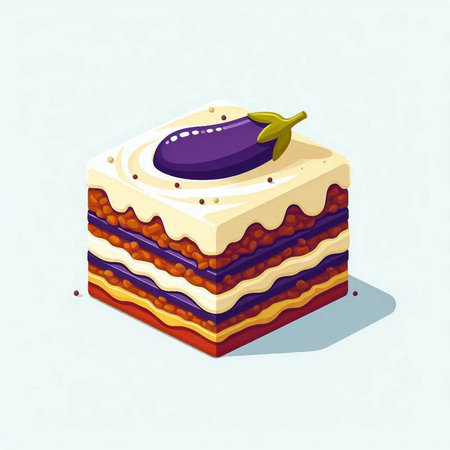 Vector illustration of a slice of cake with eggplant on top.の写真素材