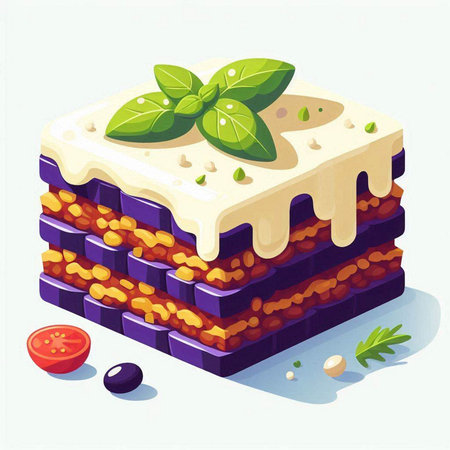 Illustration of a piece of lasagna with basil leaf and tomatoの写真素材