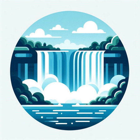 Waterfall in the blue circle on white background, vector illustration.の写真素材