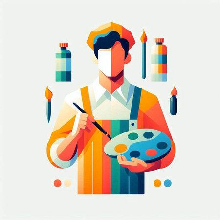 Painter with palette, brush and paints. Flat vector illustration.の写真素材