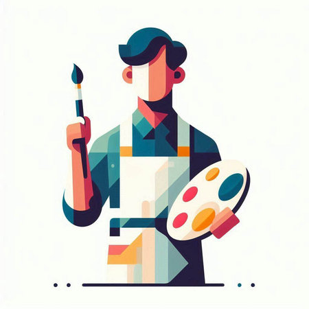 Painter with palette, brush and palette. Flat vector illustration.