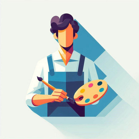 Painter with palette and brush in flat design. Vector illustration.