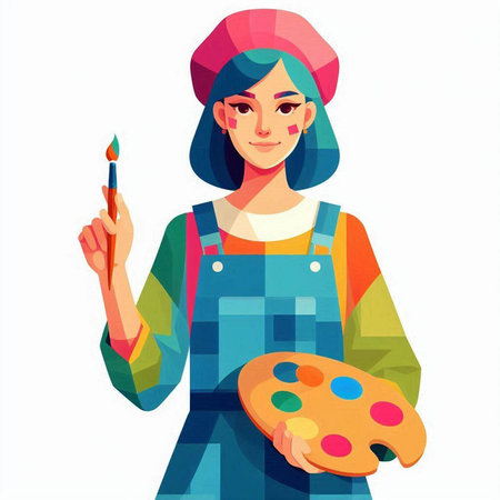 Artist girl with palette and brush. Vector illustration isolated on white background.
