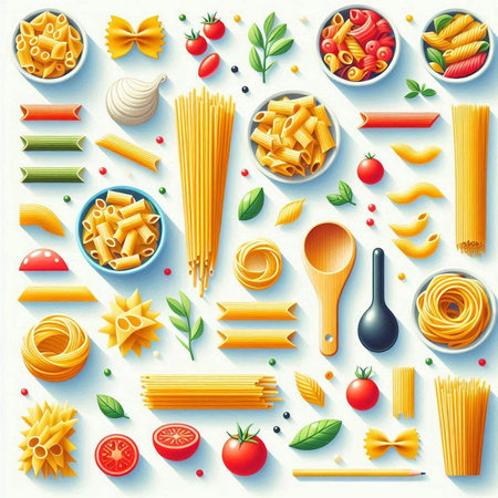 Different types of pasta and vegetables on a light background. Vector illustrationの写真素材