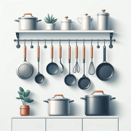 Kitchen utensils on the shelf. 3d illustration.