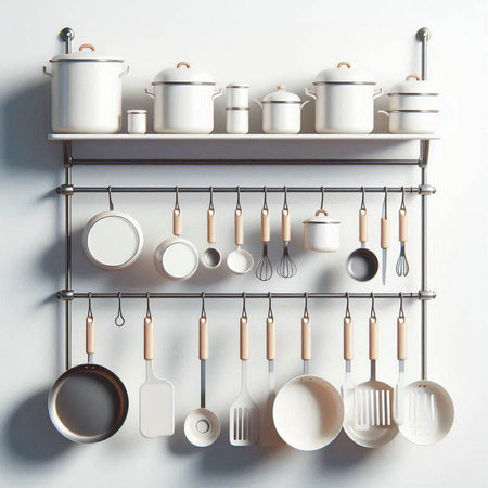 Kitchen utensils on a shelf. 3d rendering.の写真素材