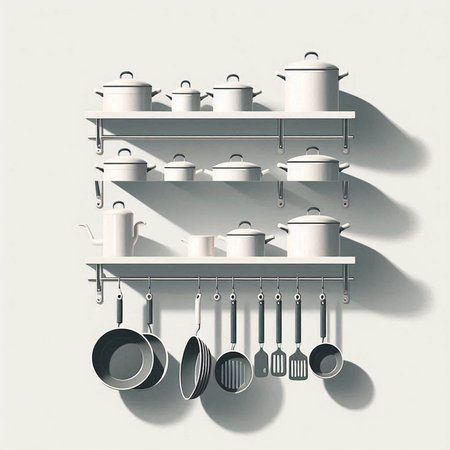 Kitchen utensils on a shelf. 3d illustration.の写真素材