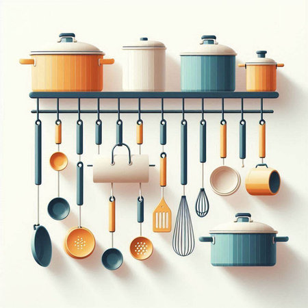 Kitchen utensils hanging on the wall. 3d illustration