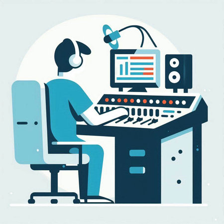 Vector illustration of a man working at a computer. Flat style design.