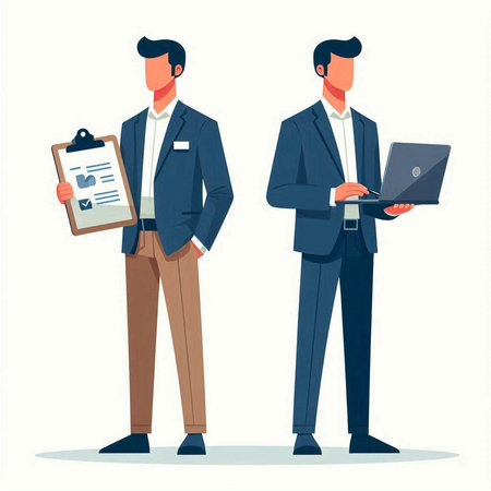 Businessman with clipboard and laptop. Vector illustration in cartoon style.の写真素材