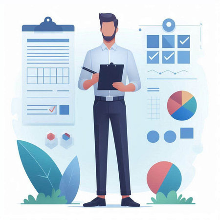 Businessman with clipboard and financial report. Vector illustration in flat styleの写真素材