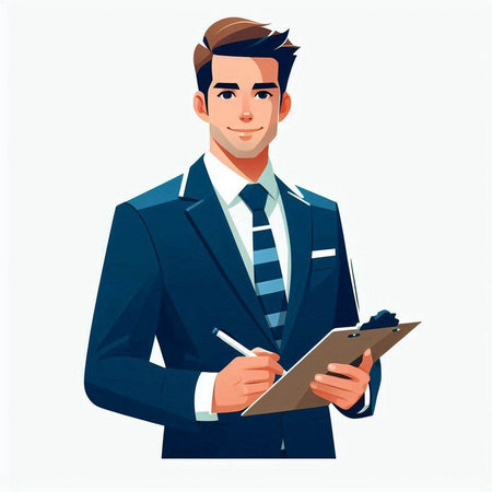 Businessman with clipboard and pen. Vector illustration in cartoon style.の写真素材