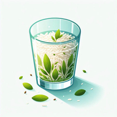 Vector illustration of a glass of rice with green leaves and seeds.の写真素材