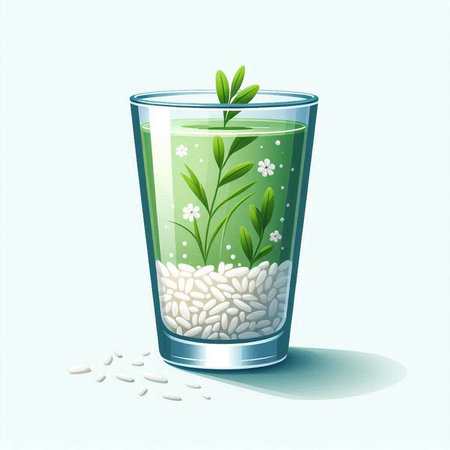 Illustration of a glass with green liquid, leaves, and seedsの写真素材