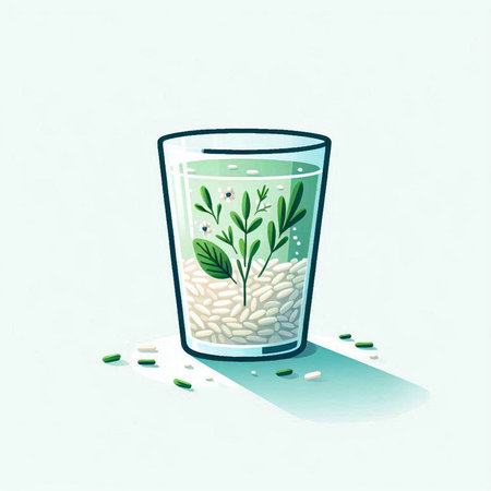 Rice in a glass with green leaves and seeds. Vector illustration.の写真素材