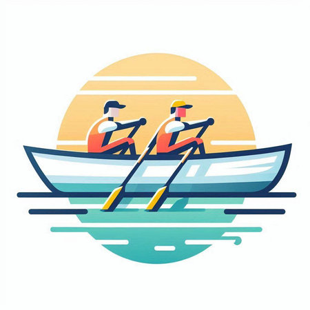 Two men rowing on a boat. Vector illustration in flat style
