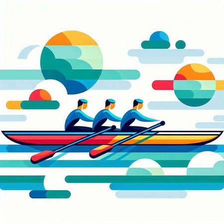 Group of men rowing on a boat in the sea. Vector illustration.