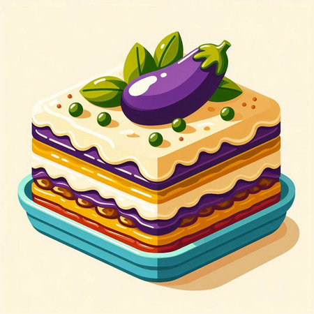 Eggplant cake with eggplant and cream. Vector illustration.