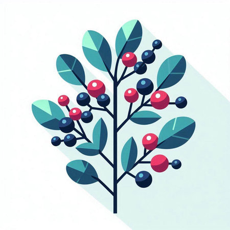 Illustration of a tree with berries and leaves on white background
