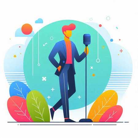 Vector illustration of a man singing into a microphone. Flat style.