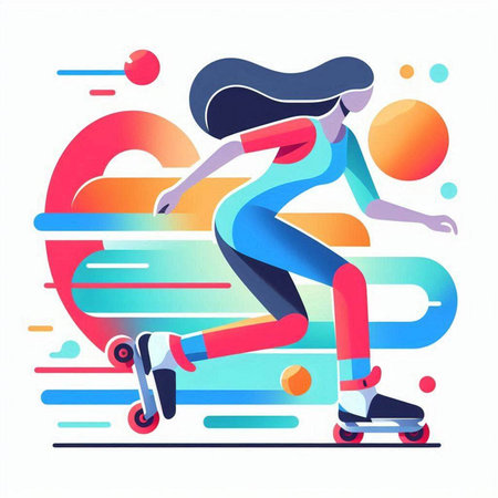 Roller skating woman in flat style. Colorful vector illustration.