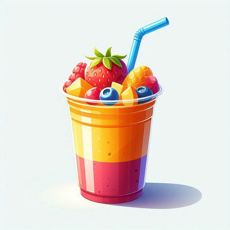 Fruit smoothie in a cup with a straw. Vector illustration.