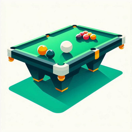 Billiard table with balls and cue. Isometric vector illustration.