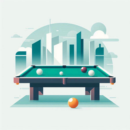 Billiard table with balls in the city. Vector illustration in flat style