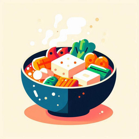 Illustration of a bowl with tofu and vegetables. Vector illustration.の写真素材