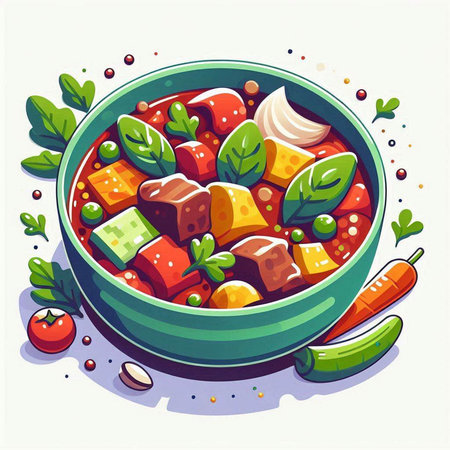 Illustration of a bowl of soup with vegetables and tofuの写真素材