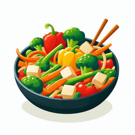 Vector illustration of a bowl of vegetable salad with tofu, tomato, bell pepper, cucumber, onion and green beansの写真素材