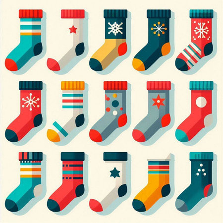 Set of christmas socks with different patterns. Vector illustration in flat style.