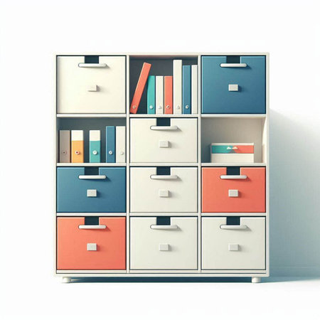 3d illustration of modern office cabinet with books on white background.