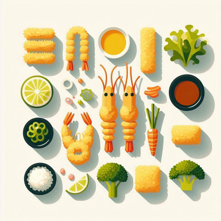 Illustration of japanese food set with shrimps, rice, vegetables, sauce and other ingredients.の写真素材