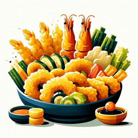 Illustration of a bowl filled with fried shrimp, tempura, and various vegetables, accompanied by dipping sauces.の写真素材