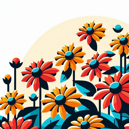 Floral background with sunflowers. Hand drawn vector illustration.の写真素材
