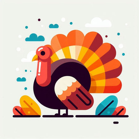 Happy Thanksgiving greeting card with turkey. Vector illustration. Flat style.の写真素材