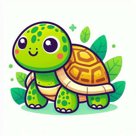 Cute little turtle on white background. Vector illustration. Cartoon style.の写真素材